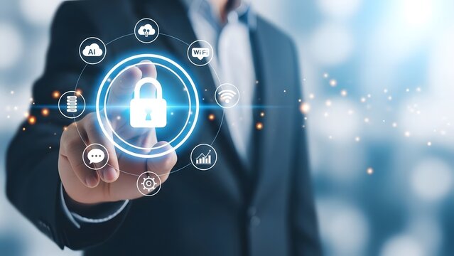 Businessman securing data with digital lock interface and cloud computing icons - Powered by Adobe