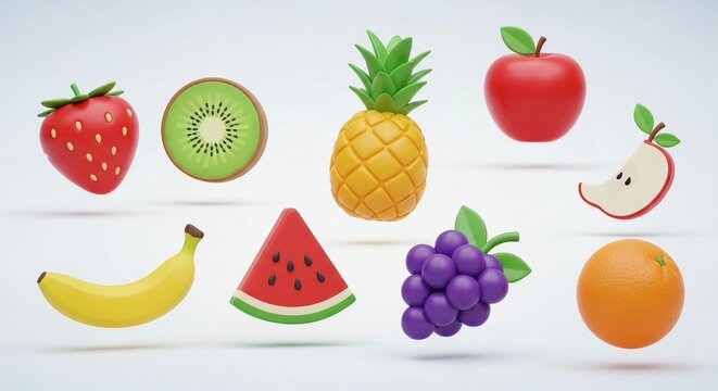 Delightful assortment of 3D rendered vibrant fruits perfect for healthy eating promotions and cheerful designs, including strawberry, kiwi, pineapple, apple, banana and more - Powered by Adobe