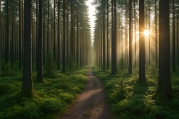 Obraz premium Serene forest landscape with sunrays shining through tall pine trees and a narrow path leading into the distance during sunrise. Ai generative. Ai generative