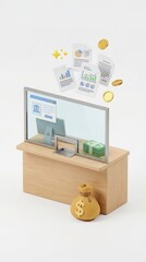 Fototapeta premium A meticulous depiction of an elegant bank counter, symbolizing financial transactions, secure banking, and fiscal management. Paperwork and currency underscore monetary activities. 