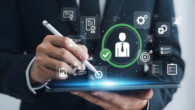 Businessman interacting with digital user profile and business technology on tablet