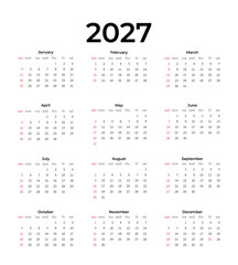 Minimalist 2027 desk calendar template, week starts on Sunday. Perfect for corporate stationery and business design.