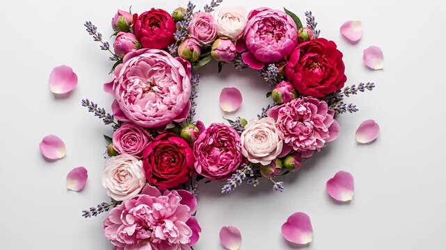 Floral arrangement forming the letter P with various pink and red flowers and scattered petals.