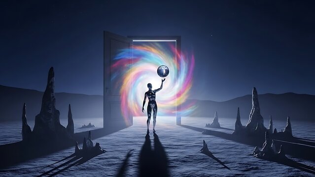 Autonomous intelligence navigates a cosmic gateway, presenting a shimmering sphere in an extraterrestrial environment, embodying progress and infinite frontiers