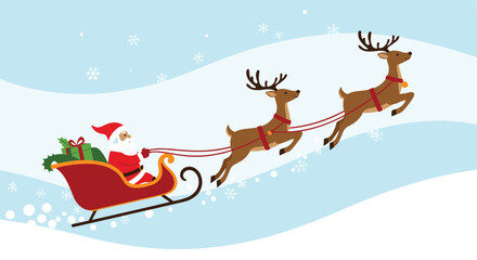 Jolly Santa Claus rides his red sleigh, pulled by two flying reindeer, through a beautiful snowy winter wonderland, delivering Christmas gifts.