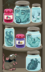Shelf in the cellar with jam and victims. Vector cartoon horror illustration.
