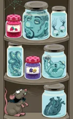 Fototapete Kinderzimmer Shelf in the cellar with jam and victims. Vector cartoon horror illustration.   © ddraw