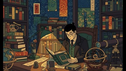 A dedicated scholar immersed in reading a vintage book under the warm glow of a desk lamp in a cozy, well-stocked library filled with antique globes and scientific instruments