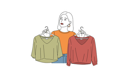 A young woman holds up two different colored v-neck blouses on hangers, contemplating her fashion choice or style decision.