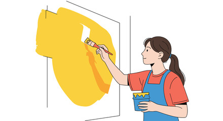 Happy young woman painting a large section of a white wall yellow with a paintbrush, engaged in a home renovation project.