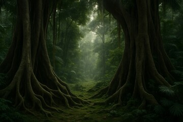 Enchanted rainforest pathway surrounded by massive ancient trees and dense foliage under misty light in a fantasy jungle landscape concept scene. Ai generative