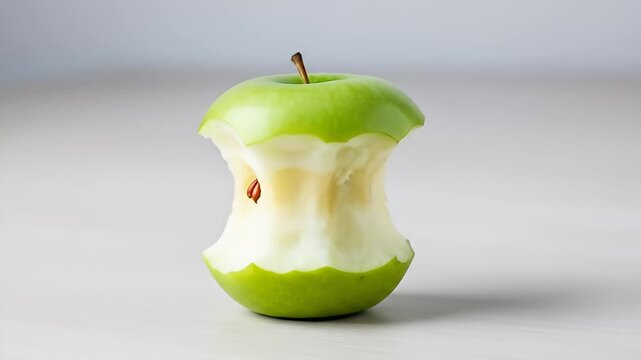 A close-up shot of a green apple core, showing the remaining fruit and seeds, on a plain background.