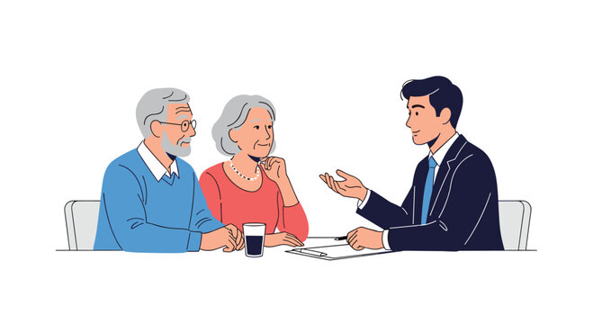A senior couple consults with a male financial advisor about their future, discussing investments, retirement plans, or legal advice at a table. - Powered by Adobe