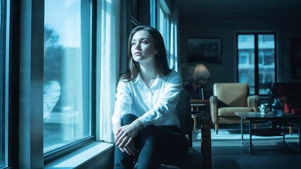 A young woman with a pensive expression sits by a window, gazing thoughtfully at the outside world, enveloped in quiet contemplation
