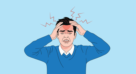 A man experiences a severe headache, clutching his head with a pained expression, illustrating the intense discomfort of migraine or stress-induced pain.