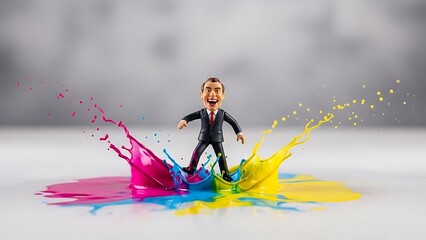 Man standing in colorful splashes of paint, representing creativity and business success