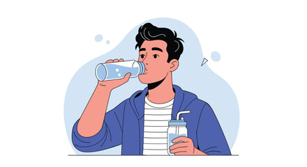 An illustration of a young man staying hydrated by drinking water from a reusable bottle, promoting a healthy and active lifestyle.