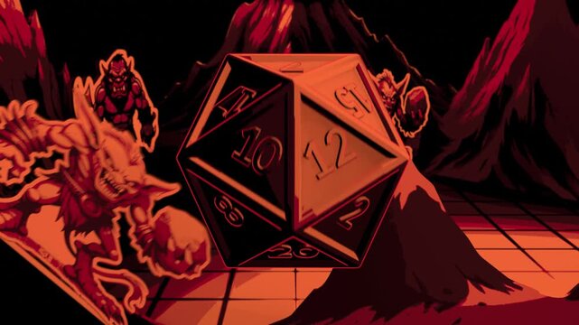 A stylized intro with a game dice d20. Board for playing in DnD with decorative rocks and volcano. The cube stops on the side with the number one.