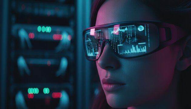 Cyber Security and Data Analysis. Female Technician Wearing Augmented Reality Glasses in a Futuristic Server Room or Data Center - Powered by Adobe