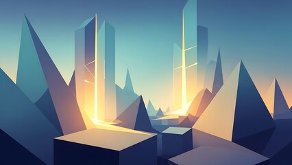 Futuristic Cityscape with Geometric Structures and Glowing Light Beams