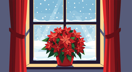 A vibrant red poinsettia plant rests on a window ledge, framed by cozy red curtains, overlooking a peaceful winter scene with falling snow.