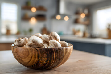 Champignon mushrooms in a wooden bowl against a blurred modern kitchen background