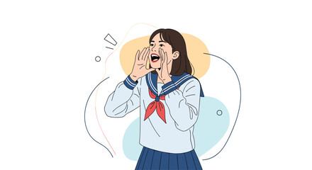 A young Japanese female student in a blue and white sailor uniform shouts loudly, cupping her hands around her mouth to make a clear announcement.
