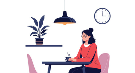 A young woman wearing glasses is enjoying a hot beverage at a table, with a plant and a clock in a modern minimalist setting.