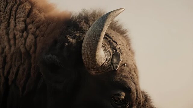 Close up of a horned animal with fluffy fur