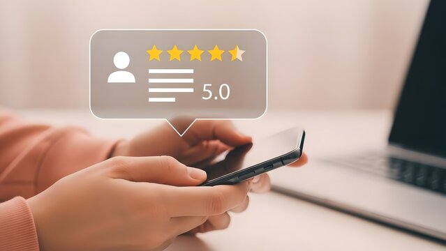 Customer feedback and reviews on mobile phone with five star rating
