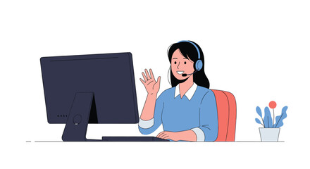 Happy young woman in a headset waves hello while participating in a video call or providing customer support from her home office desk.