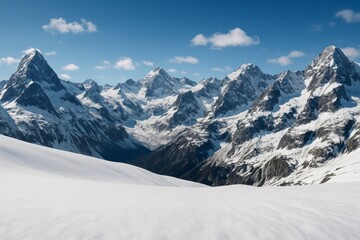 Fototapeta premium Majestic snow-covered mountain peaks under clear blue sky in high-altitude winter landscape concept with panoramic alpine view and serene atmosphere. Ai generative