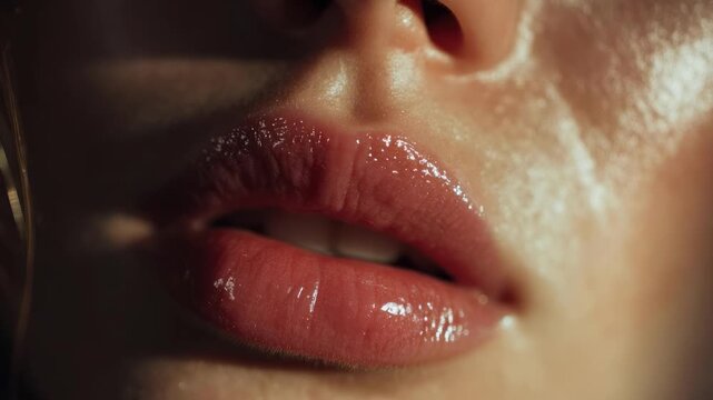 Close-up of glossy pink lips and surrounding skin.