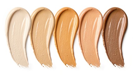 Swatches of liquid foundations in light and dark shades on a white background. Includes cosmetics for all skin types. AI generated.