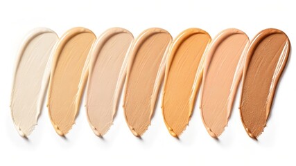 Swatches of liquid foundations in light and dark shades on a white background. Includes cosmetics for all skin types. AI generated.