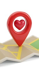 A charming depiction of a love location marker, with a heart nested inside a vibrant red pin, set atop a stylized map. Expressing affection.