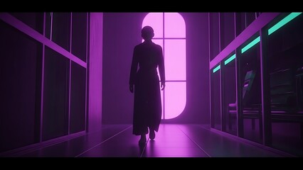 A solitary figure walks down a long, dimly lit corridor with purple glowing accents, leading to a large window