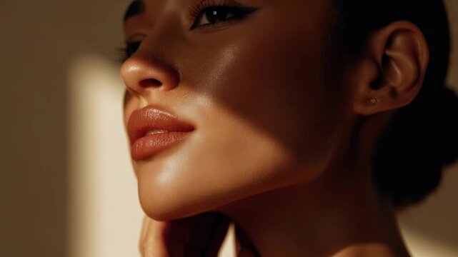 Close-up of a woman's lips and jawline bathed in warm sunlight with soft, dramatic shadows.