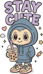 Naklejka premium Delightful cartoon character with charming bubble tea craving brings a trendy, cute, and playful vibe to your designs and social media posts