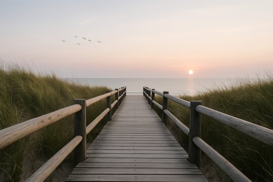 Wooden boardwalk through grassy dunes leading to calm sea horizon with soft sunset sky and flying birds, peaceful coastal landscape concept. Ai generative