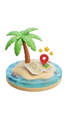 Obraz premium An enchanting illustration of a tropical island paradise complete with a palm tree, a map, and a location pin. Perfect for travel or vacation-themed projects.