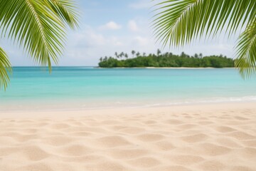 Fototapeta premium Tropical beach landscape with palm leaves and turquoise sea under blue sky, peaceful island concept under summer sunlight and serene setting. Ai generative