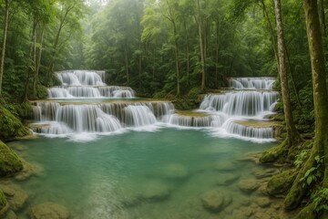Peaceful tropical forest landscape with cascading waterfalls flowing into turquoise lagoon surrounded by lush green trees and moss-covered rocks. Ai generative