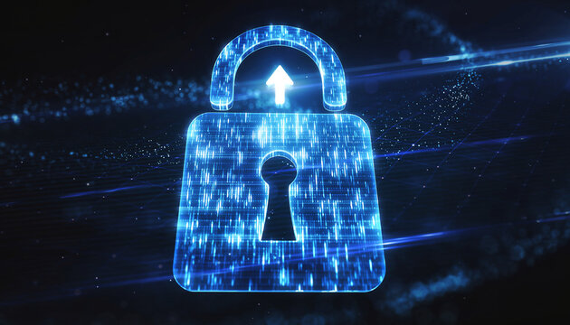 Cybersecurity Unveiled: A digitally crafted padlock glows, symbolizing the safeguarding of data and information in a complex digital realm, an icon of security and access. - Powered by Adobe