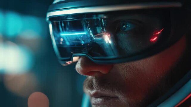 Close-up of a man wearing high-tech augmented reality goggles with blue reflections in a dark futuristic setting.