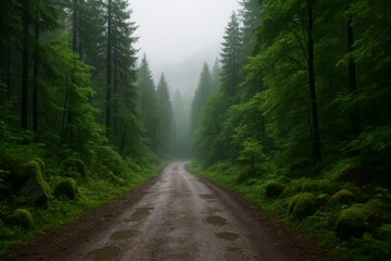 Misty forest path through lush green landscape under dense fog, evoking mystery and tranquility in peaceful natural woodland concept setting. Ai generative