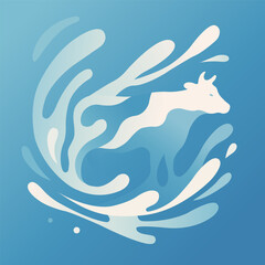 Dynamic milk splash forming the silhouette of a cow. Abstract dairy concept in modern flat style with smooth shapes and blue gradient background.