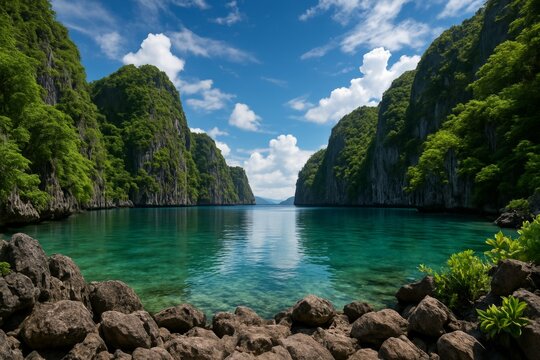 Tropical island seascape with limestone cliffs and turquoise water under blue sky and white clouds, surrounded by lush green forest and rocky shoreline. Ai generative