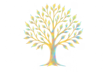 Stylized iridescent tree with colorful glowing leaves