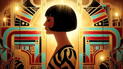 Art Deco Woman Portrait with Geometric Background and Golden Accents